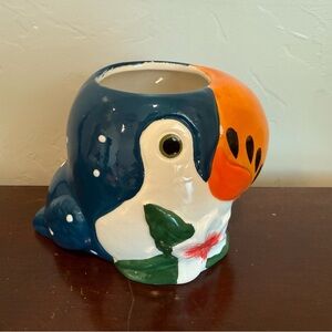 Colorful Toucan Ceramic Planter polkadots blue back small new